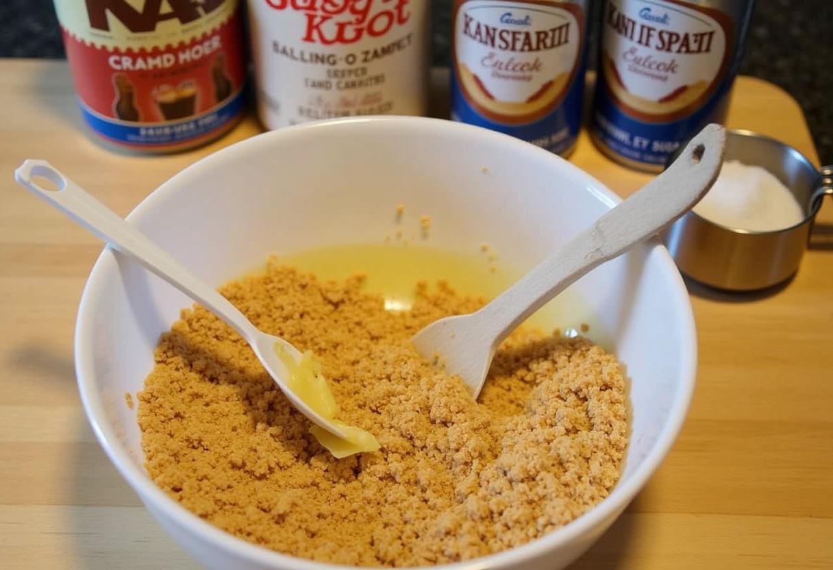 Preparing the crust for Three Broomsticks Sweet Root Beer Pie with crushed graham crackers and melted butter.