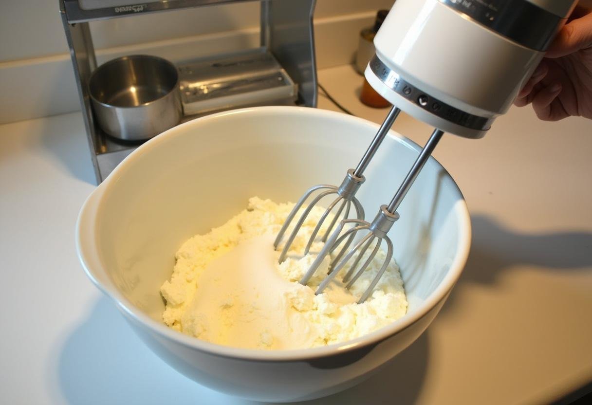 Mixing cream cheese and sugar for the filling of Three Broomsticks Sweet Root Beer Pie in a bright kitchen.