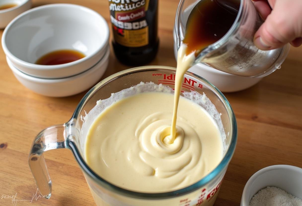 Incorporating root beer into the filling of Three Broomsticks Sweet Root Beer Pie, showcasing the blending of flavors.