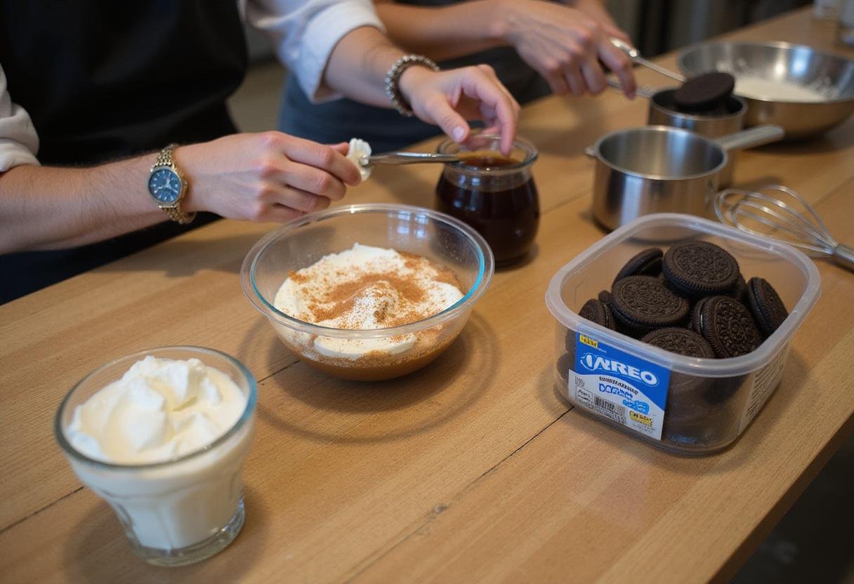Preparing ingredients for limoncello tiramisu, Oreo tiramisu, tiramisu ice cream, and tiramisu overnight oats with mascarpone cheese, espresso coffee, and Oreo cookies on countertop.