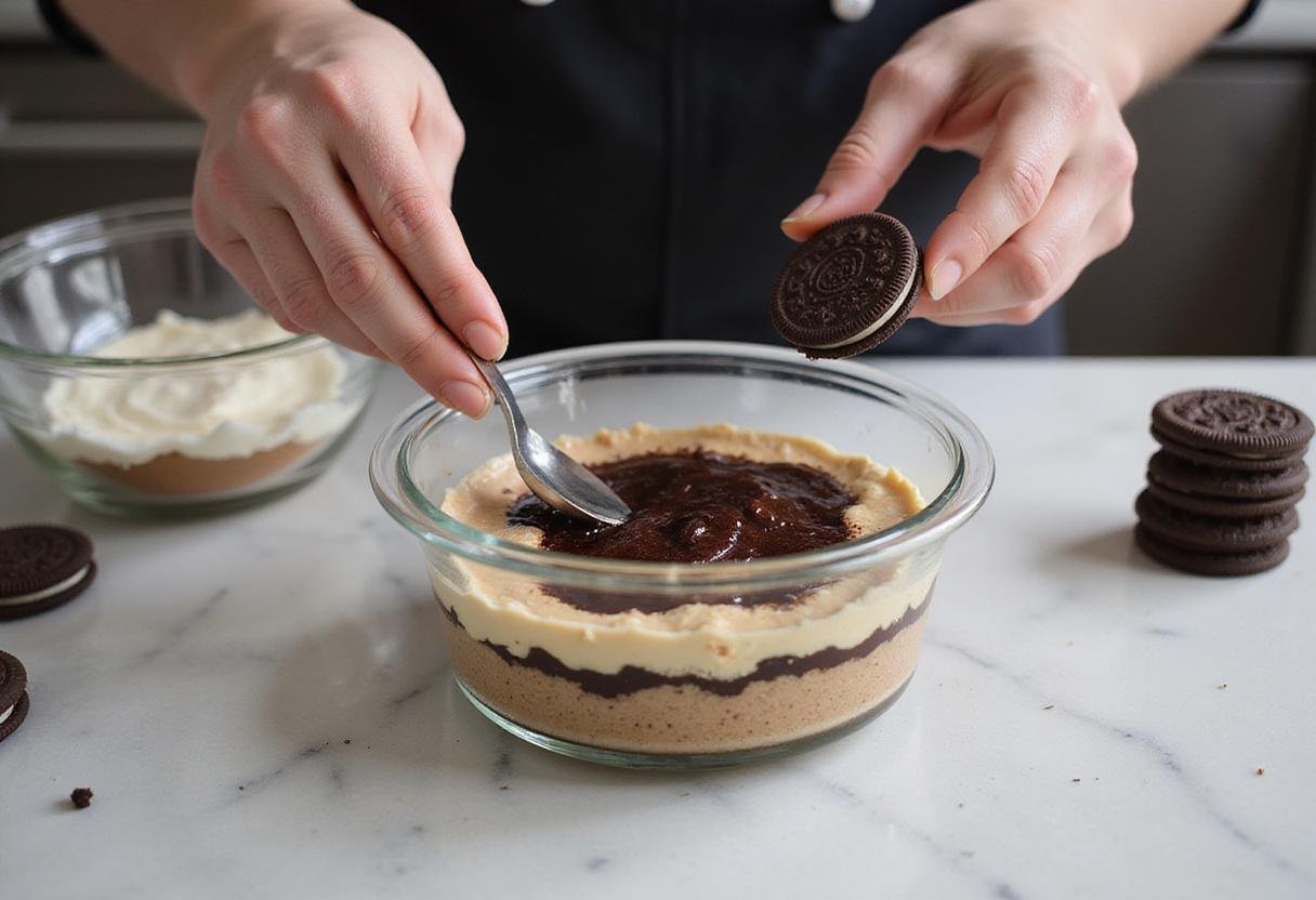 Layering mascarpone and espresso-soaked Oreo cookies for a delicious tiramisu-inspired dessert, showcasing the preparation of innovative limoncello tiramisu and classic Oreo tiramisu.