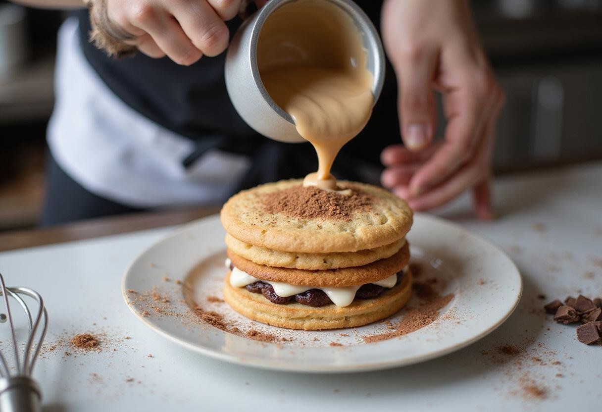 Pouring creamy tiramisu mixture over layers of cookies for tiramisu ice cream and tiramisu overnight oats, capturing the essence of gourmet dessert preparation.