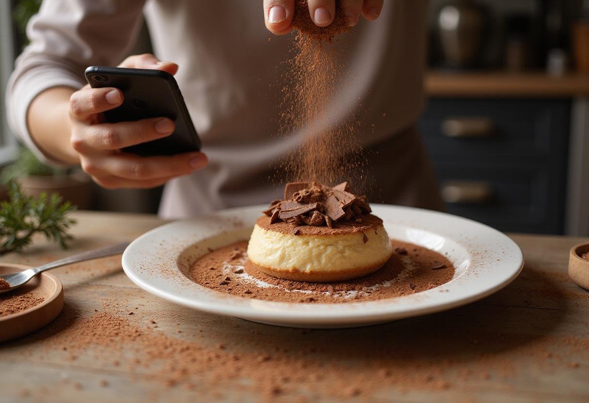 Final touches on tiramisu dessert with cocoa powder and chocolate shavings, highlighting the artistry in preparing limoncello tiramisu and decadent tiramisu-inspired desserts.