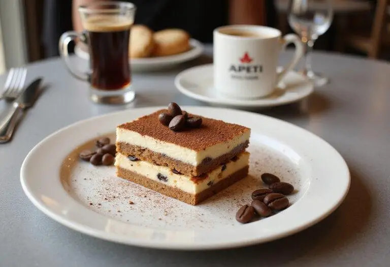 Final beautifully presented tiramisu slice on a plate, showcasing rich coffee flavors and perfect dessert presentation.