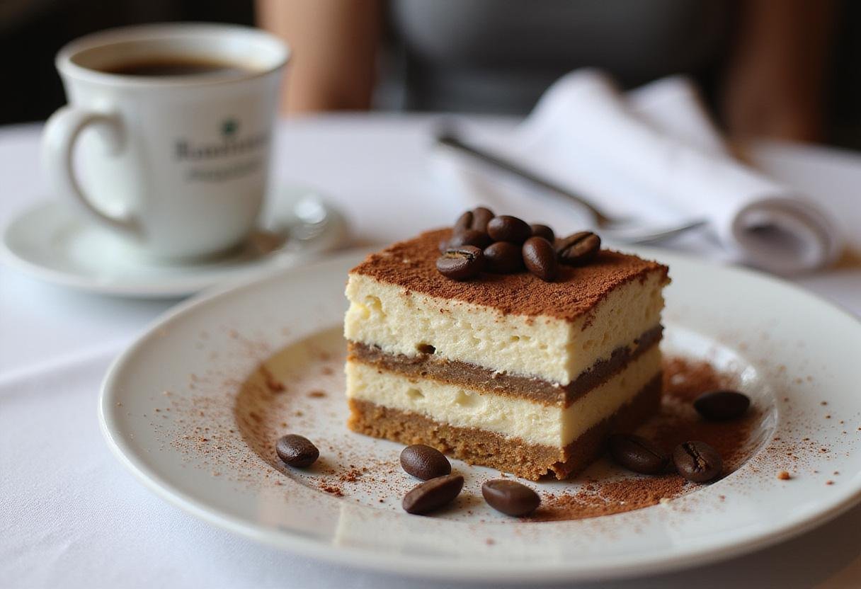 Final beautifully presented tiramisu slice on a plate, showcasing rich coffee flavors and perfect dessert presentation.