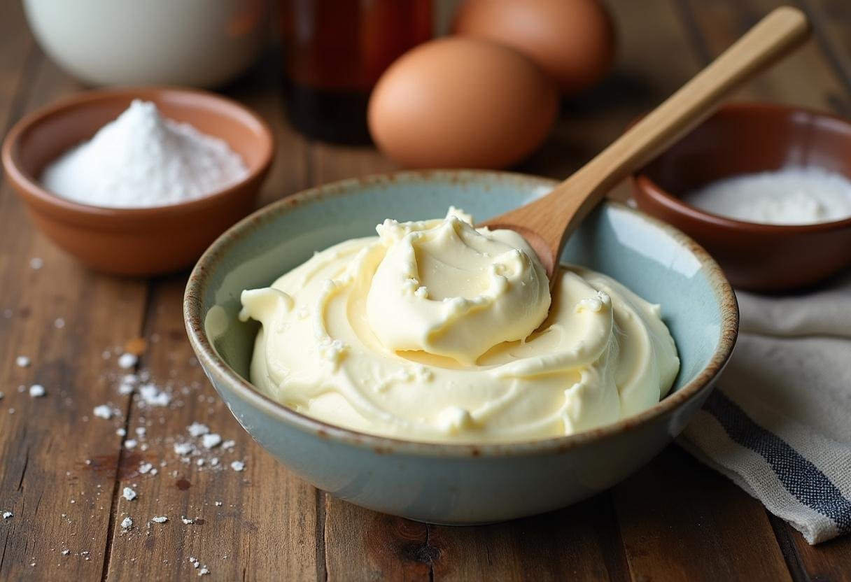 Tiramisu recipe step; homemade mascarpone cheese mixture with sugar and vanilla, highlighting tiramisu calories and ingredients.
