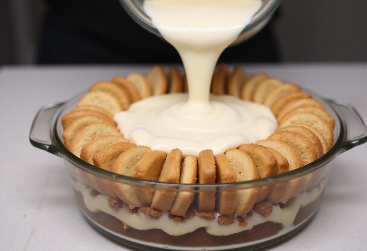 Creating the layers of tiramisu; a close look at ladyfingers soaked in coffee covered with mascarpone, enhancing the idea of tiramisu preparation.