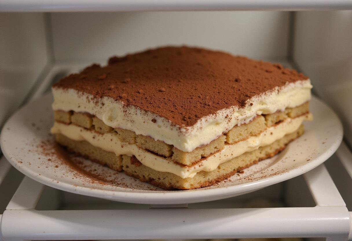 Chilling tiramisu with cocoa powder in the refrigerator; highlighting the delicate finishing touches on this iconic dessert.