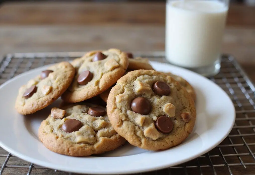delicious toffee chocolate chip cookies on a cooling rack paired with milk