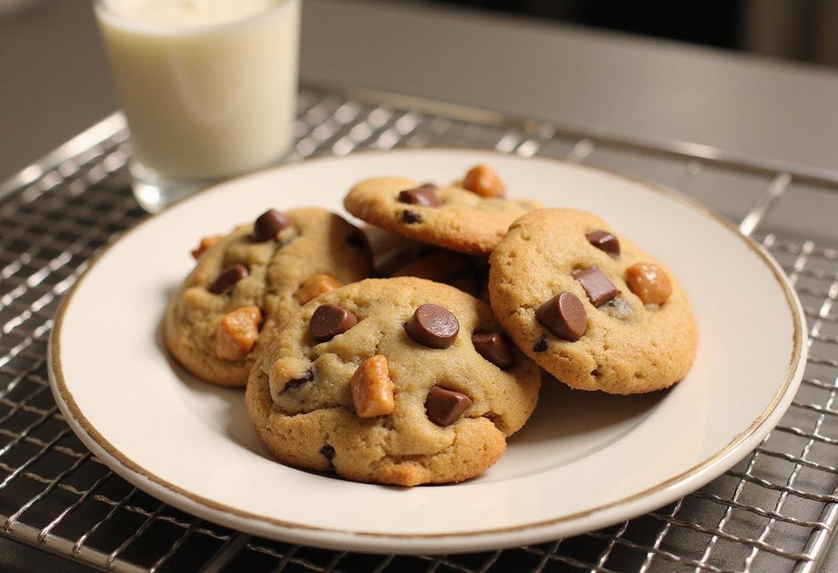delicious toffee chocolate chip cookies on a cooling rack paired with milk