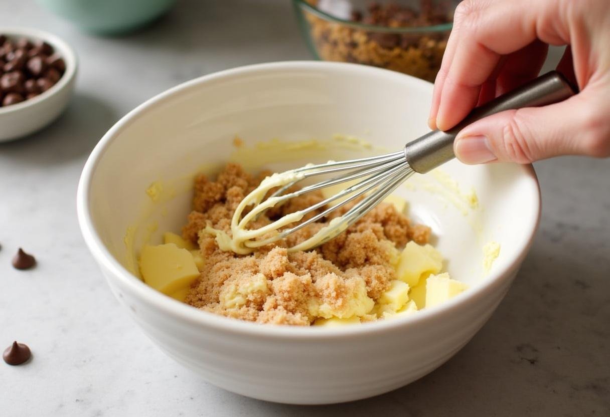 toffee chocolate chip cookie dough preparation with butter and sugar mixing