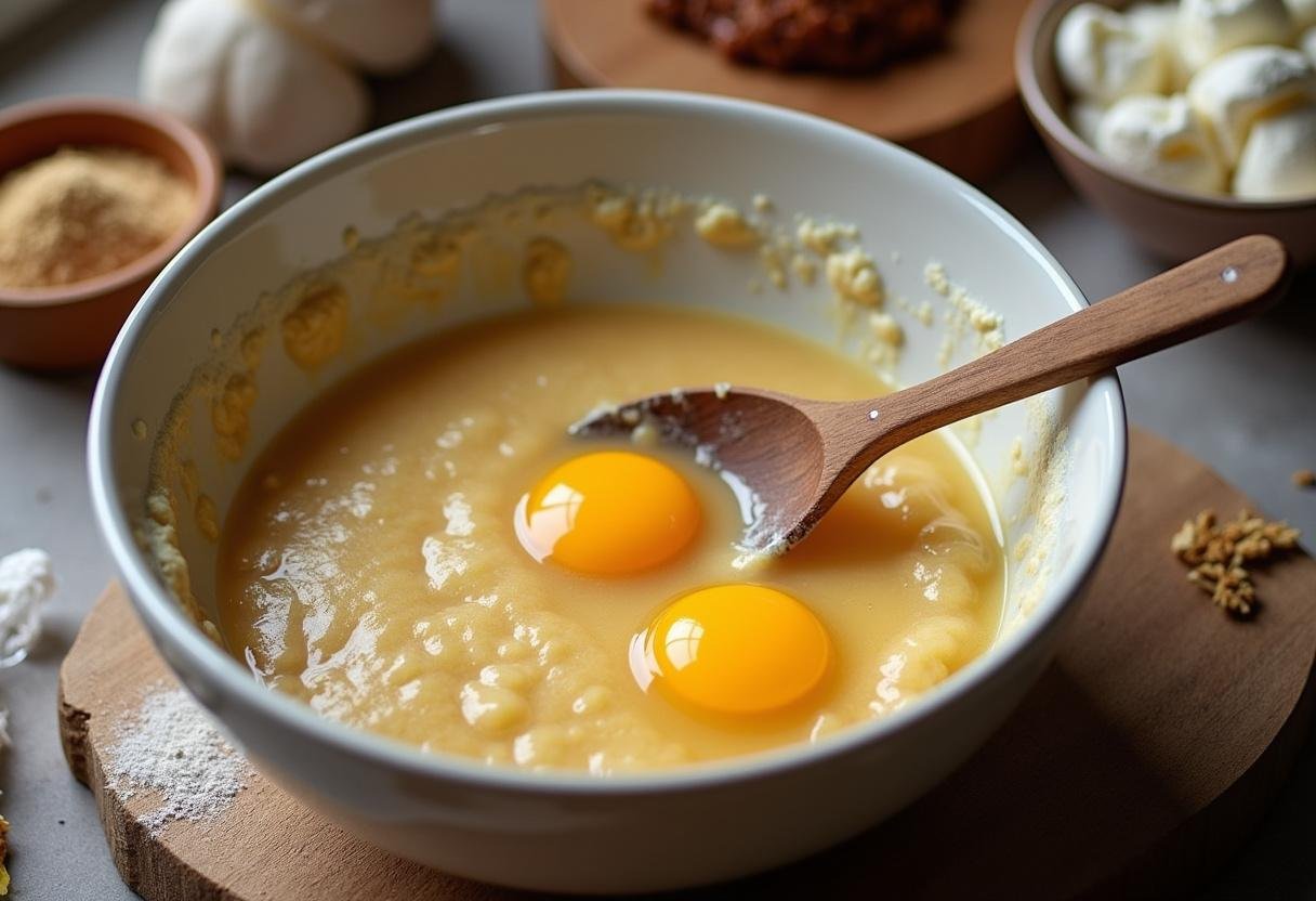 adding eggs to cookie dough for chocolate chip pecan cookie recipe