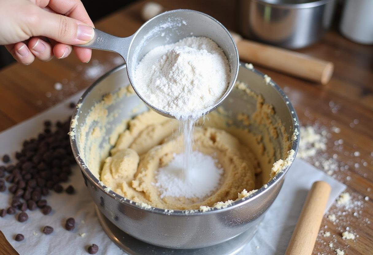 sifting flour into toffee chocolate chip cookie dough for perfect texture