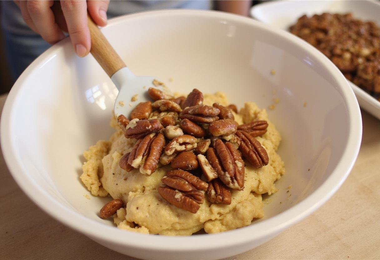 folding toffee and nuts into chocolate chip cookie batter