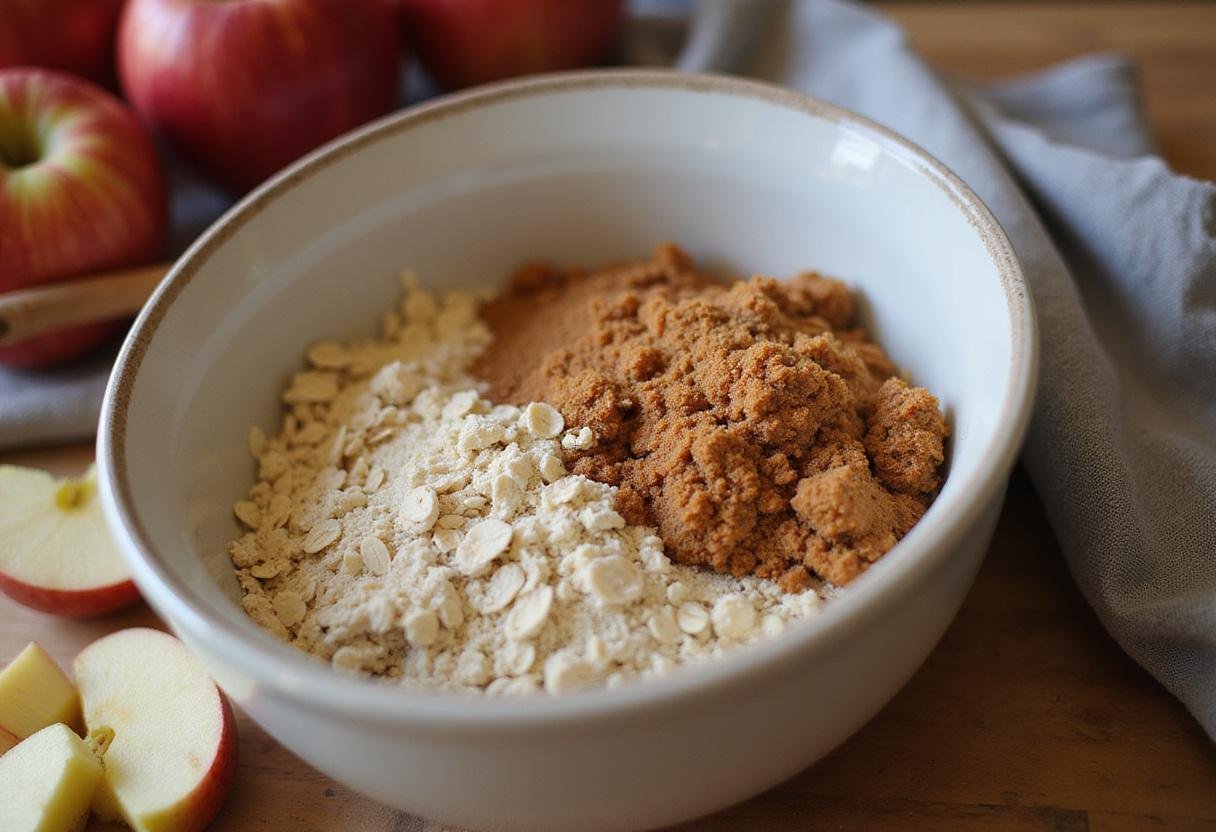 apple oatmeal cookie recipe ingredients preparation with oats and apples in a warm kitchen.