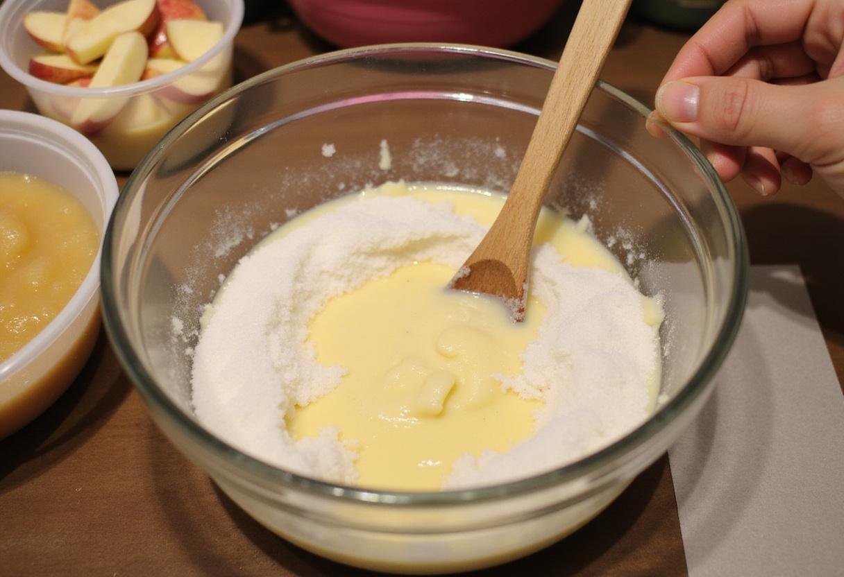 making applesauce cookie recipe by mixing butter and sugar with applesauce in a cozy kitchen setting.