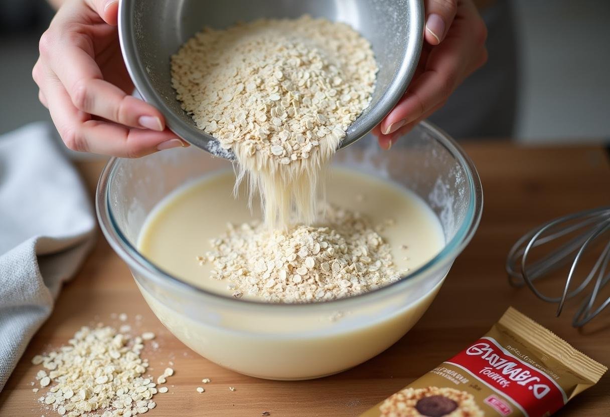 combining dry ingredients for ranger cookies recipe with oats and flour in a vibrant kitchen scene.