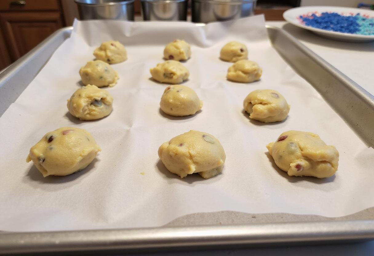 preparing ranger cookies for baking with apple oatmeal cookie dough dollops on a baking sheet.