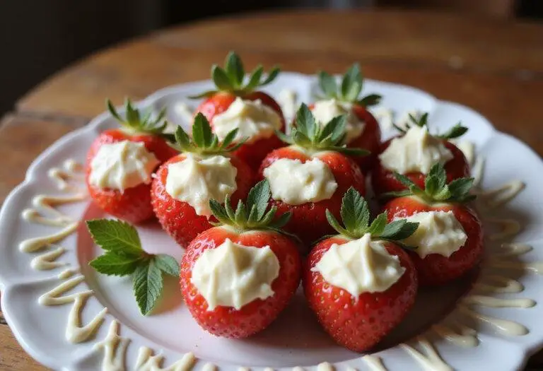 Final presentation of unique strawberry cheesecake creations featuring stuffed strawberries, showcasing a delicious and elegant dessert perfect for any occasion.