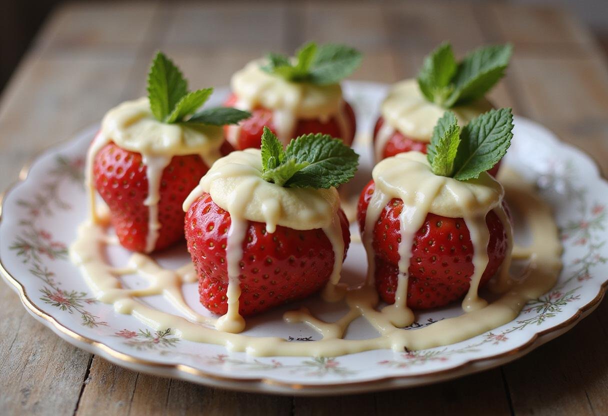 Final presentation of unique strawberry cheesecake creations featuring stuffed strawberries, showcasing a delicious and elegant dessert perfect for any occasion.