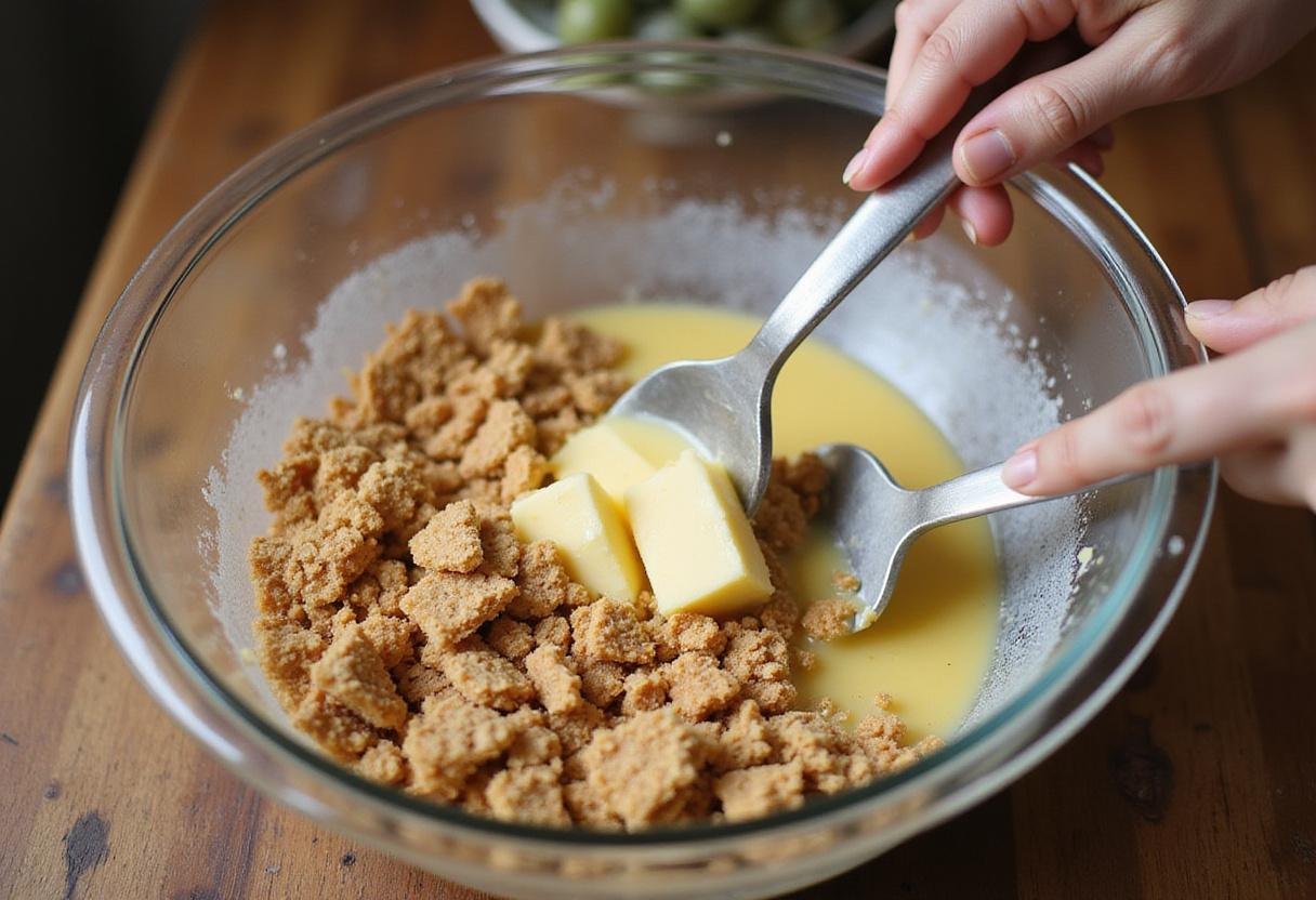 Preparation of crust for strawberry cheesecake, featuring crushed graham crackers mixed with melted butter to create a delicious base.