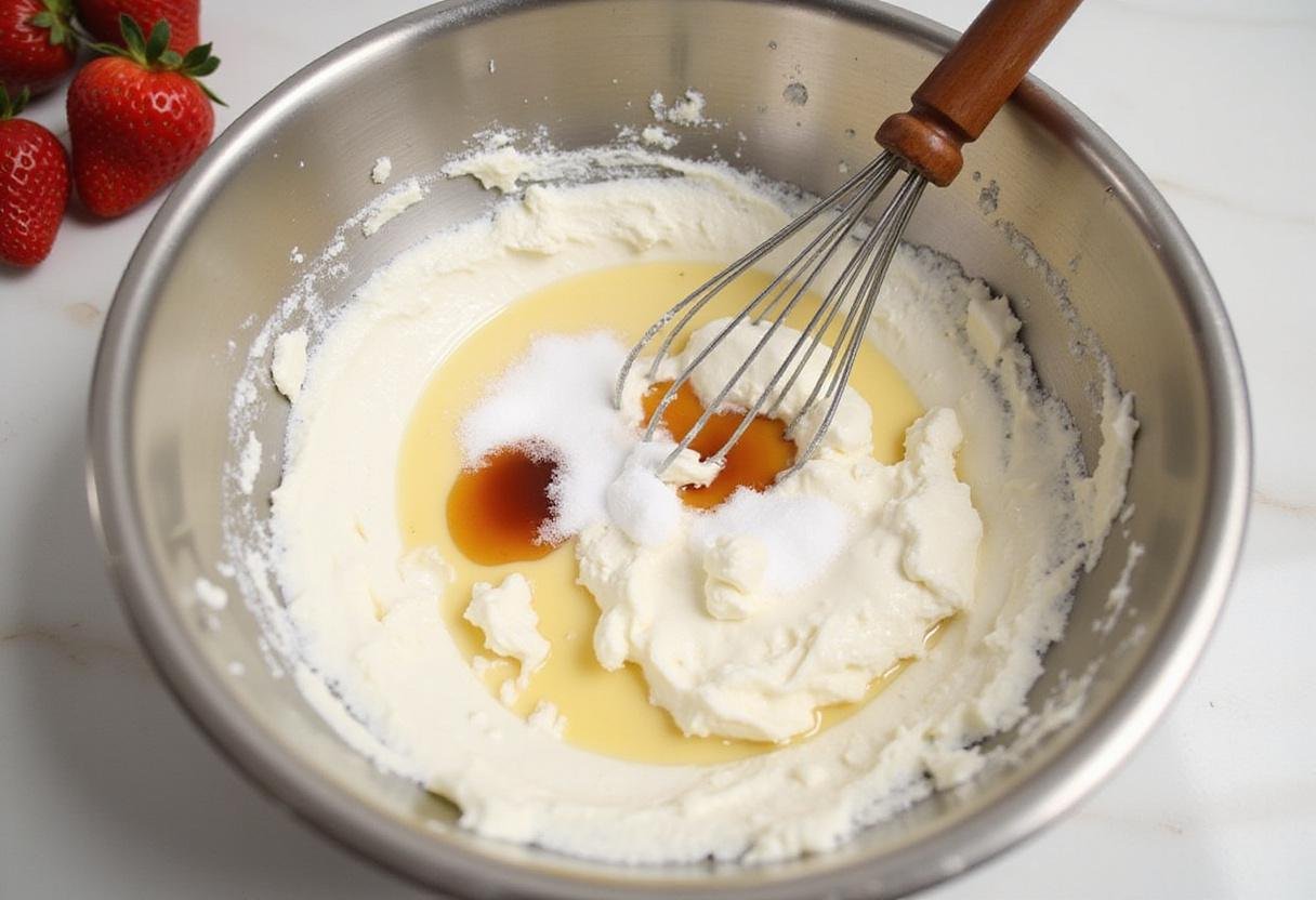 Mixing the cream cheese filling for the strawberry cheesecake, highlighting the smooth texture while preparing a delightful dessert experience.