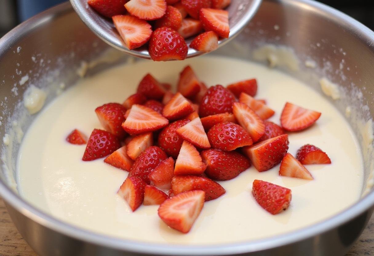 Combining fresh strawberries into a luscious cheesecake mixture, showcasing the blend of flavors in the unique strawberry cheesecake creations.