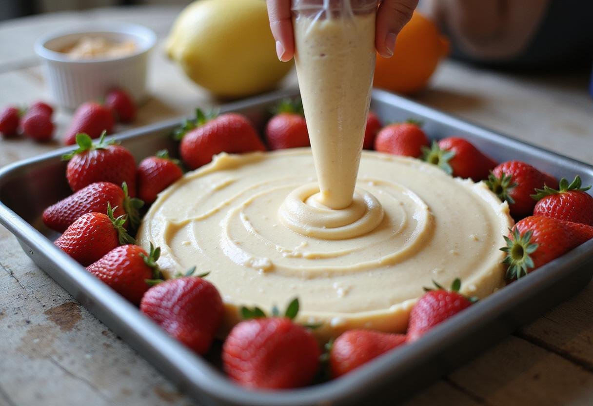 Filling fresh strawberries with creamy cheesecake mix to create captivating strawberry cheesecake stuffed strawberries, perfect for dessert lovers.