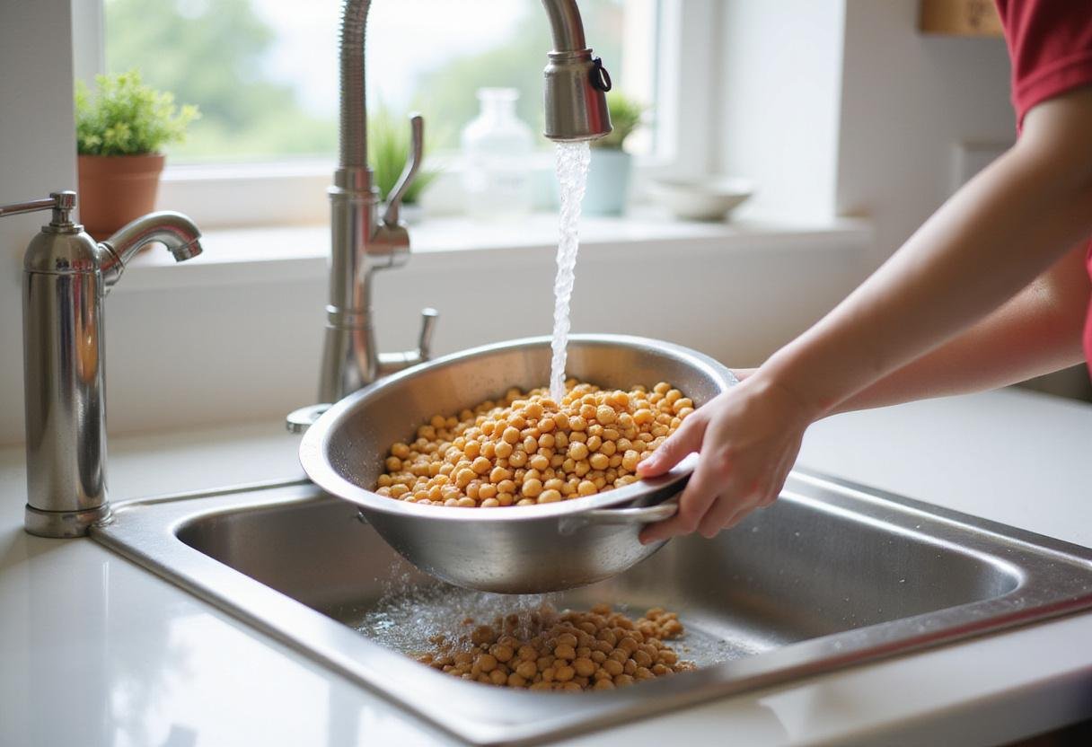 Preparing marry me chickpea recipe by rinsing chickpeas for a delicious vegetarian dish.