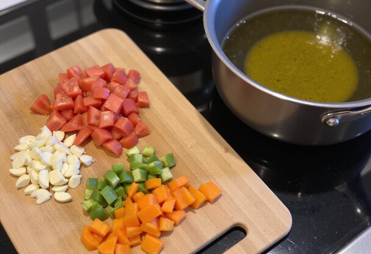Chopping vegetables for marry me chickpea recipe, including garlic, tomatoes, and bell peppers to enhance flavor.