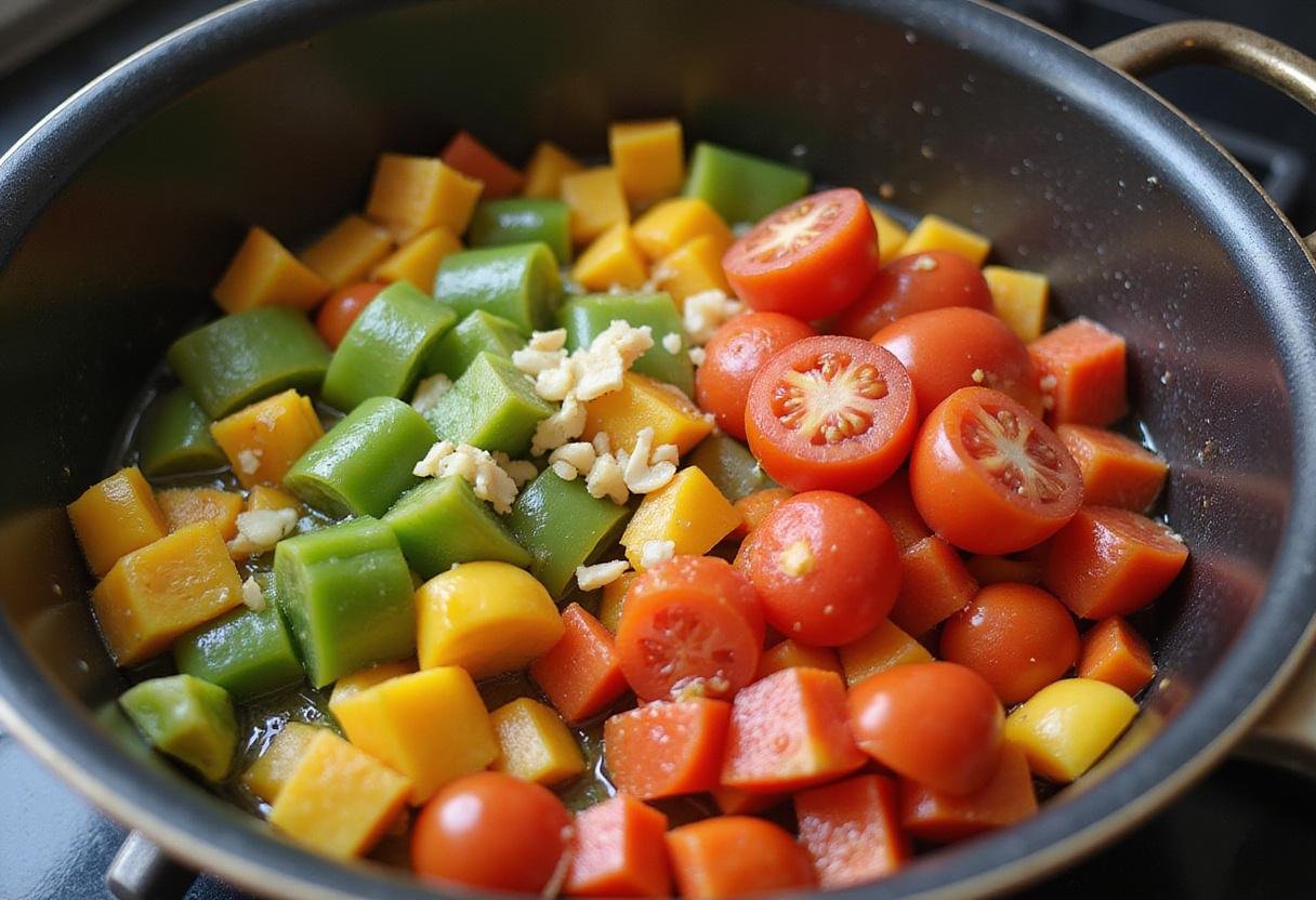 Cooking fully flavored marry me chickpea recipe with sautéed vegetables in a pot.
