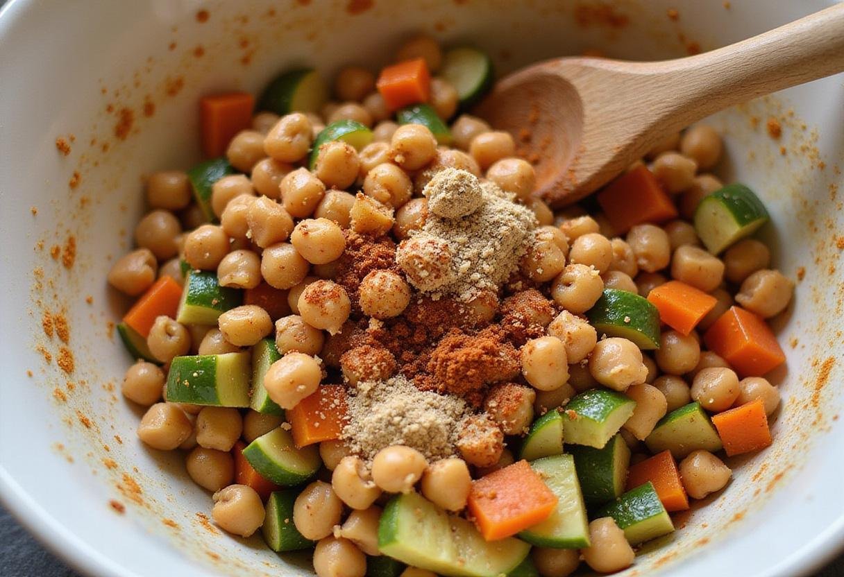 Combining chickpeas with sautéed vegetables in a bowl for a hearty marry me chickpea recipe.