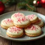 Delicious freshly baked white chocolate peppermint cookies on a rustic plate, perfect for holiday gatherings.