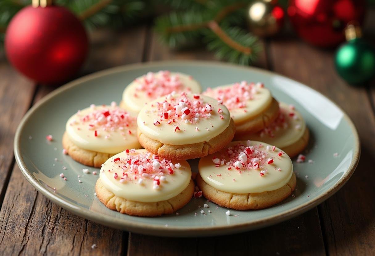 Delicious freshly baked white chocolate peppermint cookies on a rustic plate, perfect for holiday gatherings.