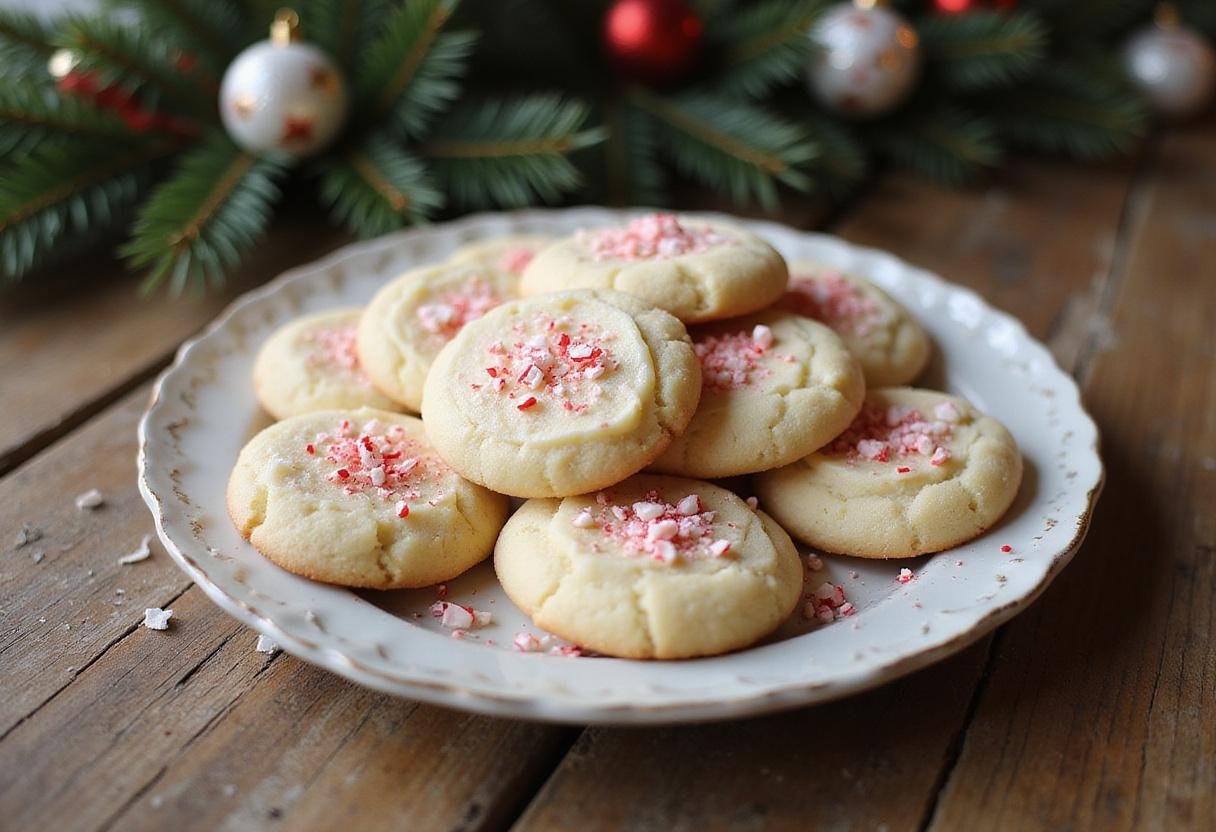 Delicious freshly baked white chocolate peppermint cookies on a rustic plate, perfect for holiday gatherings.