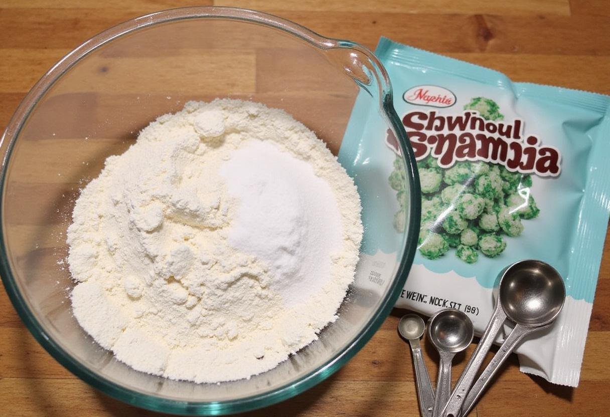Preparing dry ingredients for white chocolate peppermint cookies with flour, baking powder, salt, and crushed peppermint candy.