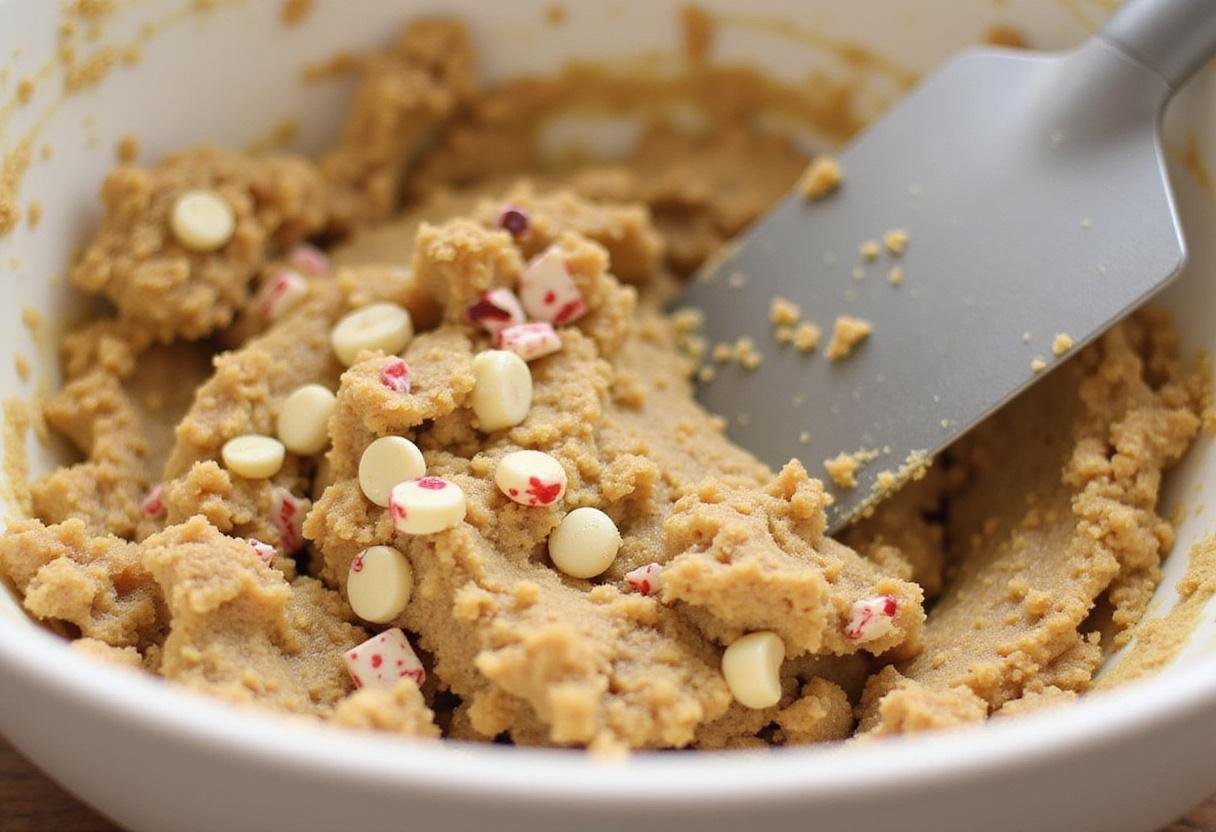 Combining white chocolate chips and crushed peppermint into cookie dough for delicious white chocolate peppermint cookies.