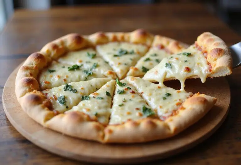 Delicious Great White Pizza with white garlic sauce, beautifully presented and ready to be enjoyed, showcasing cheese and crisp crust.