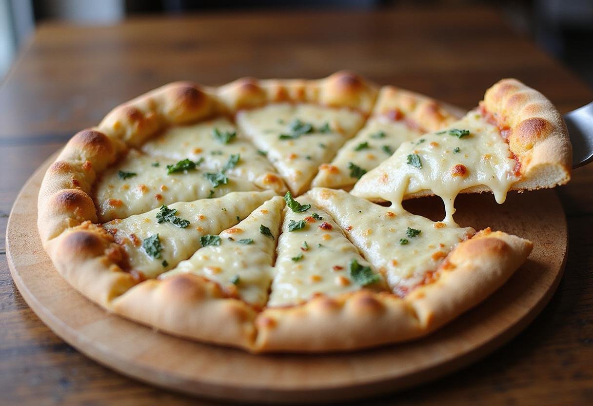 Delicious Great White Pizza with white garlic sauce, beautifully presented and ready to be enjoyed, showcasing cheese and crisp crust.