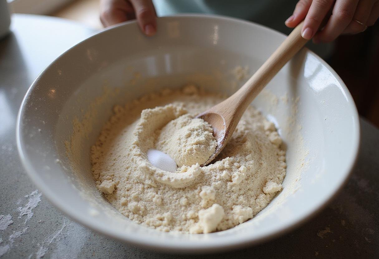 Making pizza dough for Great White Pizza with flour, yeast, and water in a bright kitchen.