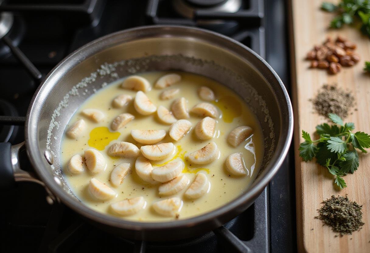 Cooking white garlic pizza sauce with sautéed garlic in olive oil for Great White Pizza, showcasing fresh ingredients.