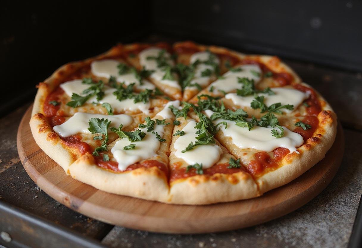 Assembling white garlic pizza with sauce and cheese for Great White Pizza, featuring a rustic kitchen atmosphere.
