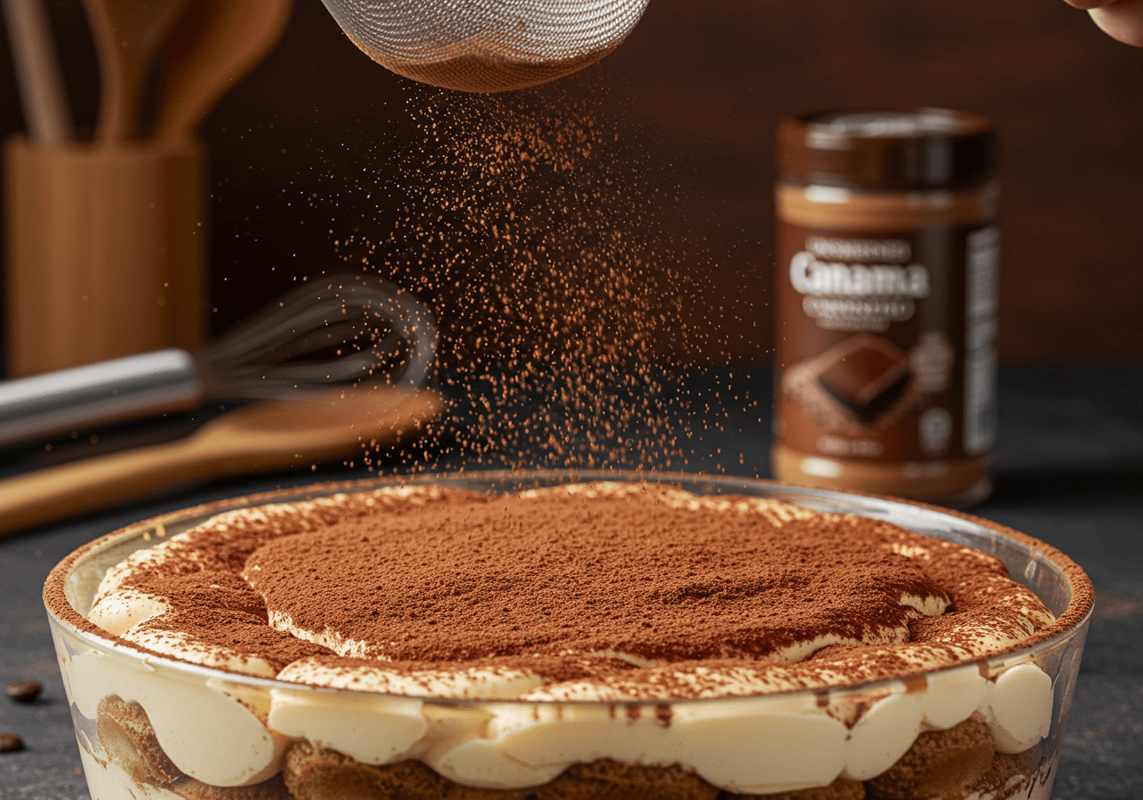 Finishing touches on a tiramisu dessert with a dusting of cocoa powder in a home setting.