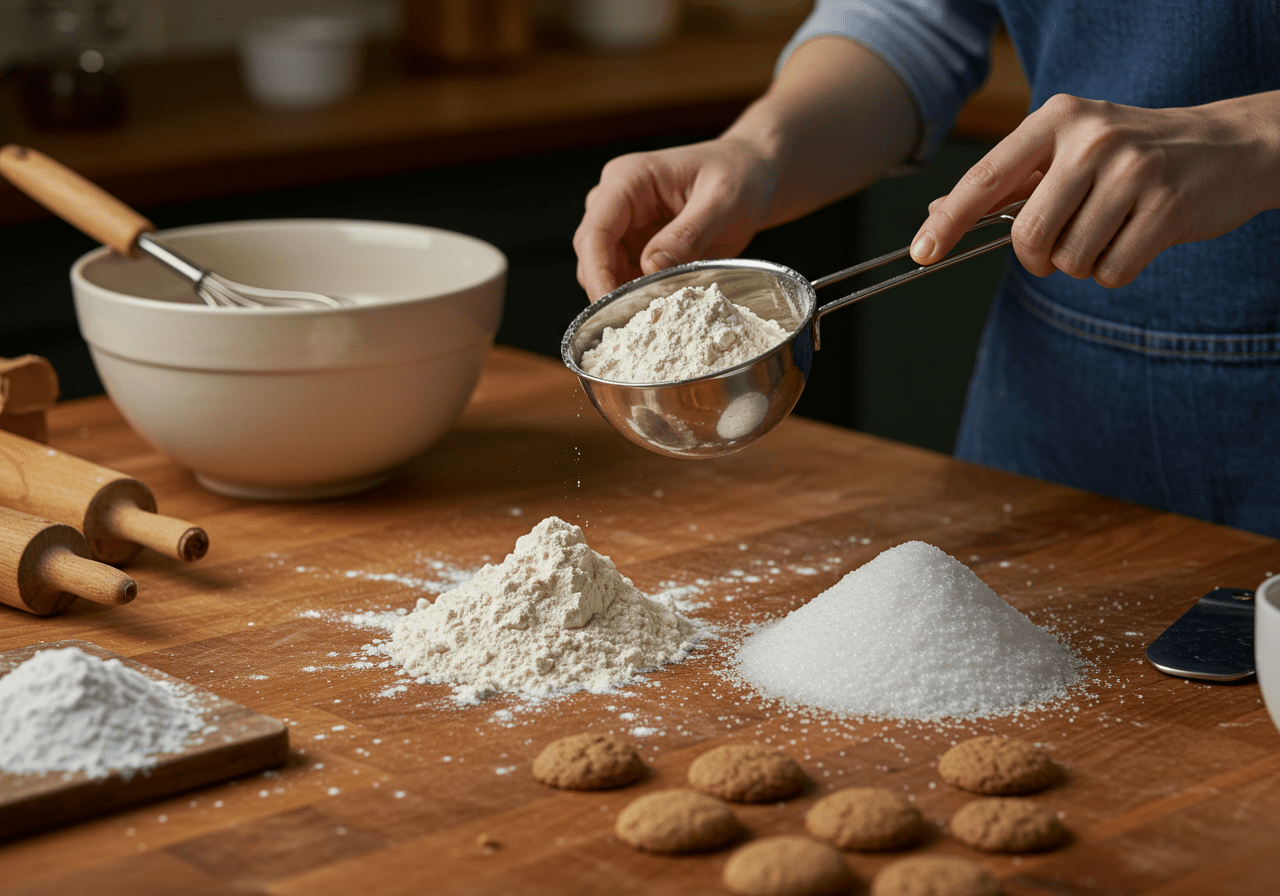 Baker measuring flour and sugar for Crumbl cookies, showcasing ingredients like flour, sugar, and baking soda on a countertop.