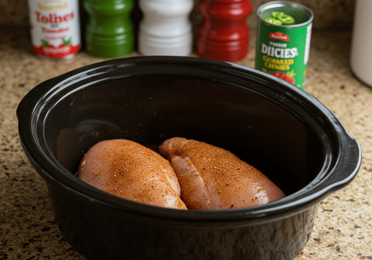 Crock pot chicken enchiladas ingredients being prepared with seasoned chicken, tomatoes, and green chilies.
