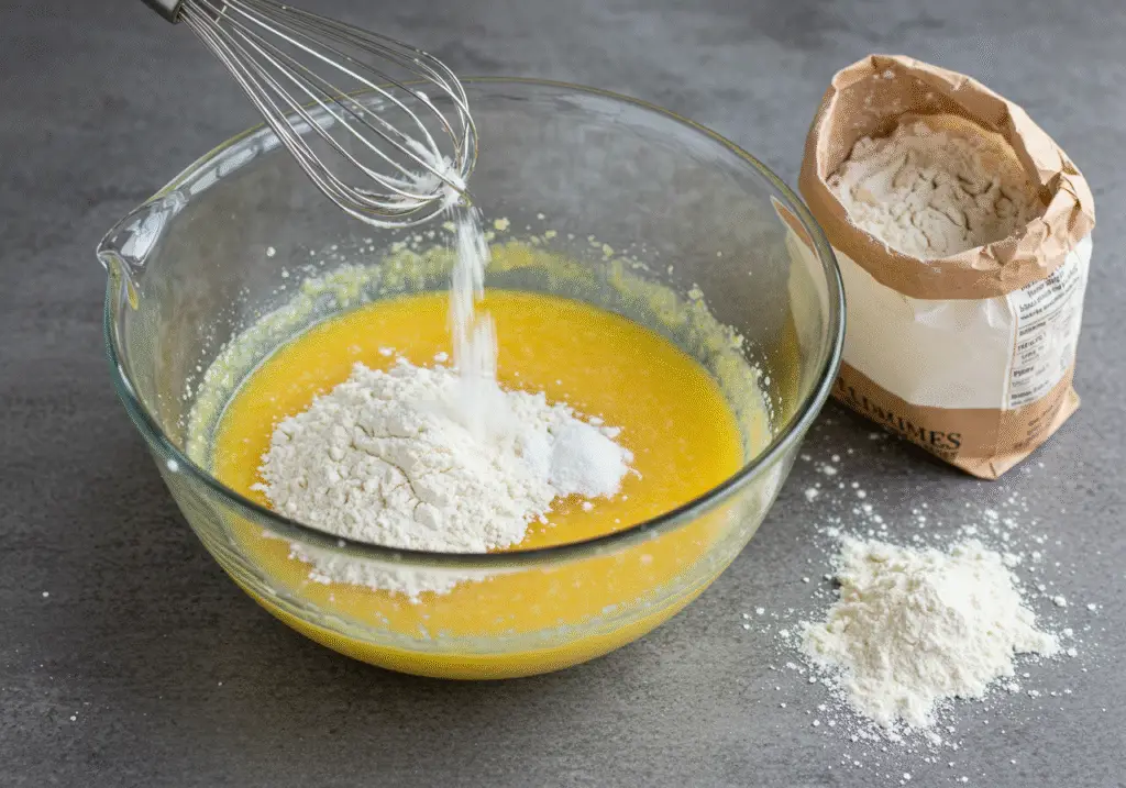Lemon cookie recipe with cake mix, combining flour, baking powder, and salt for cookies.
