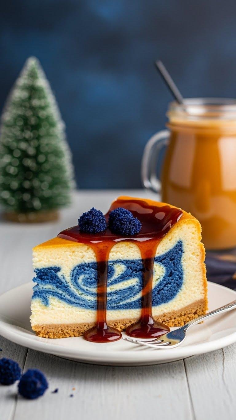 Final presentation of Ravenclaw Starry Night Butterbeer Cheesecake with Blue Velvet Swirl, showcasing its delicious layers and vibrant colors on a stylish plate.