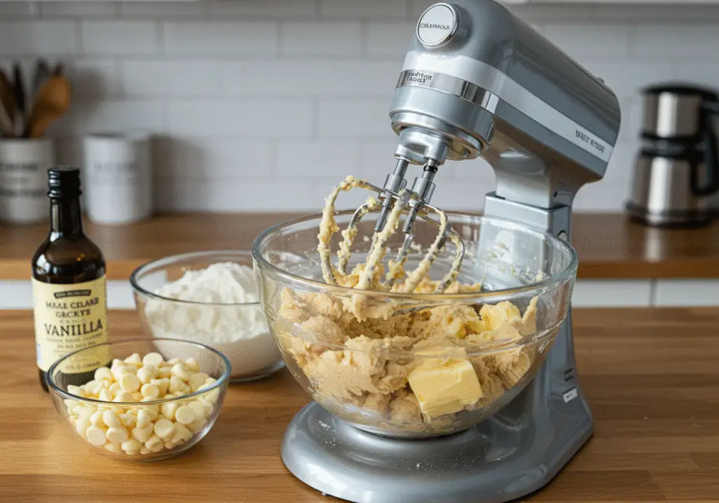 Mixing butter and sugar for peppermint chocolate chip cookies with white chocolate, showcasing the cookie dough preparation process.