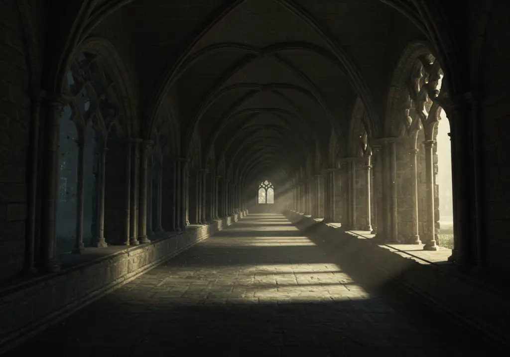 Dark, atmospheric cloisters of an old abbey, with stone arches and soft light filtering through, resembling Hogwarts interiors.