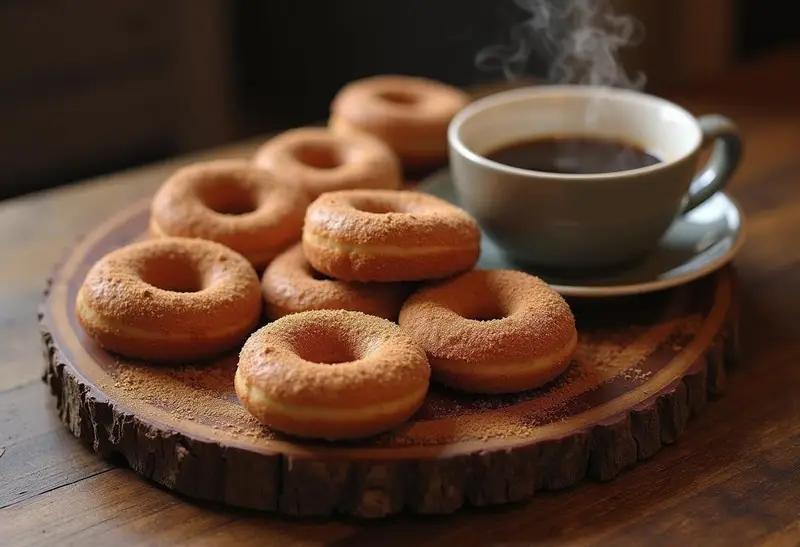 Deliciously crafted and coated Cinnamon Hogwarts Hearth Baked Cinnamon Sugar Donuts showcased on a platter, perfect for breakfast or snacks.